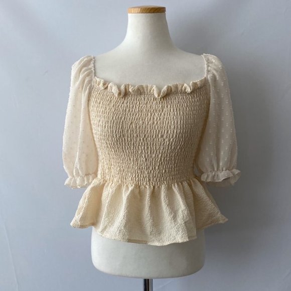 White Chiffon Dobby Mesh Short Sleeves Smocked Blouse - Picture 6 of 9